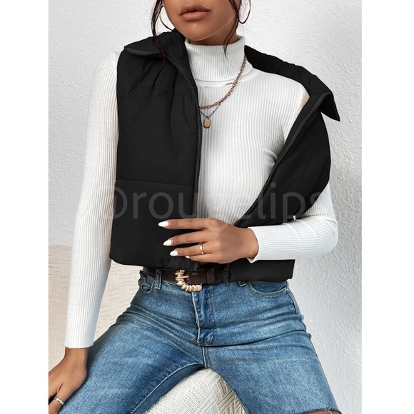 Cropped Black Puffer Vest Zip Up - Picture 5 of 7